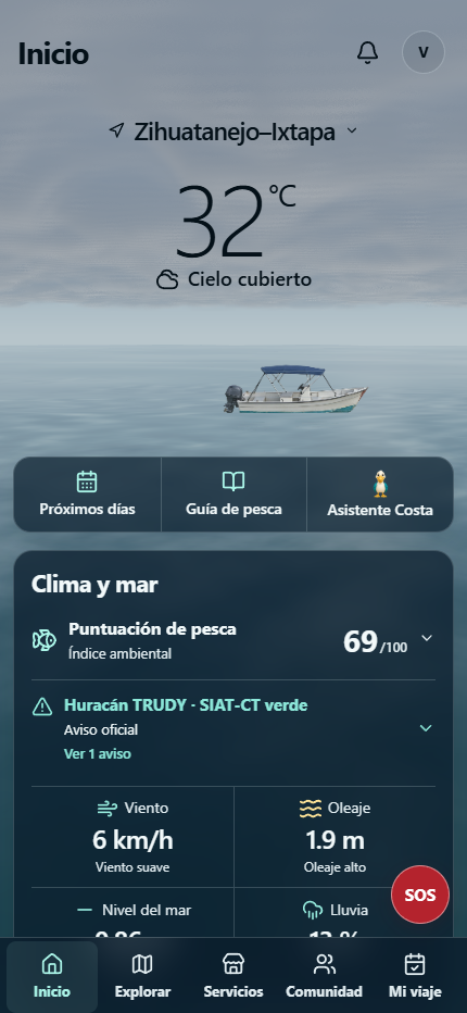 Captura actual de Inicio de Costa Inteligente con clima y condiciones del mar