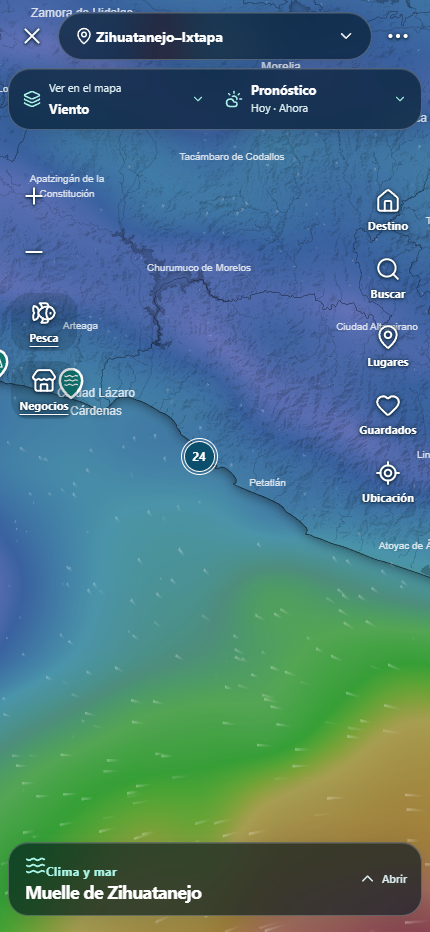 Captura actual del mapa de viento de Costa Inteligente en Zihuatanejo–Ixtapa