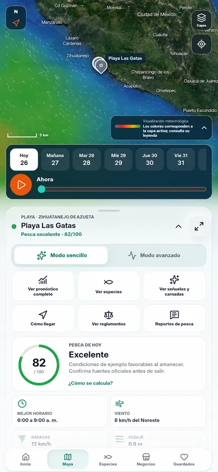 Pantalla de condiciones de Playa Las Gatas: mapa con la visualización meteorológica, calificación de pesca del día, mejor horario recomendado, viento de 8 km/h del noreste, ráfagas de 12 km/h y oleaje de 0.8 m