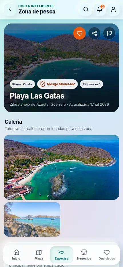 Ficha de la zona Playa Las Gatas con su nivel de riesgo, nivel de evidencia y galería de fotografías reales