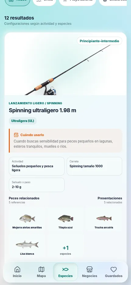 Ficha de equipo de pesca con una caña spinning ultraligera, su carrete recomendado, peso de señuelo y peces relacionados
