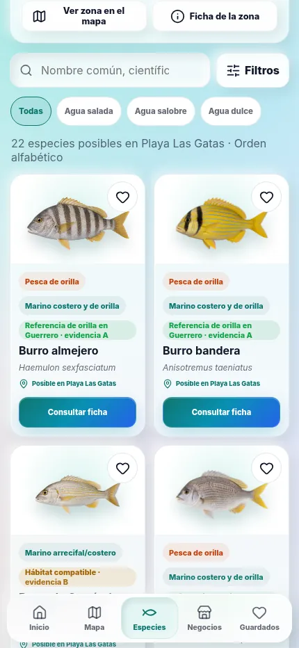 Listado de especies posibles en una zona, cada una con su nombre común, nombre científico, hábitat y nivel de evidencia