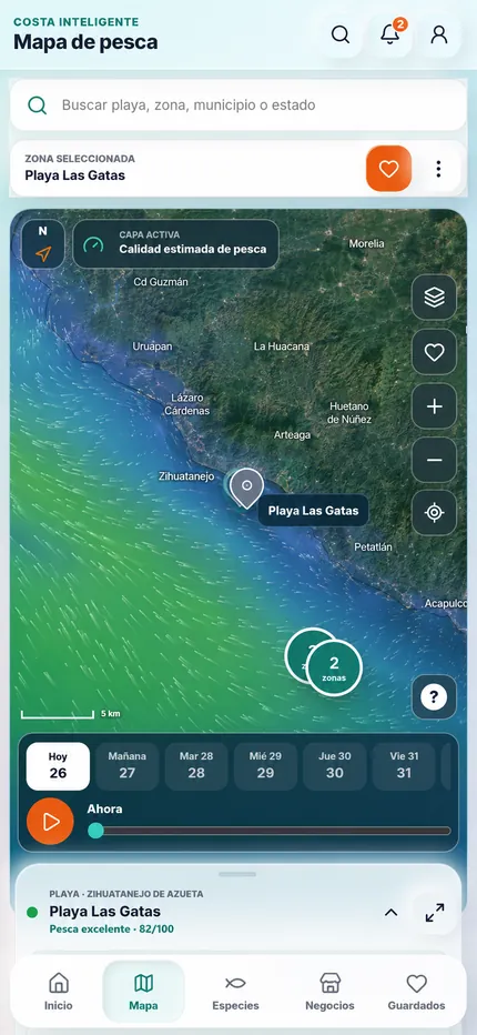 Mapa de pesca de Costa Inteligente sobre la costa de Guerrero, con el buscador de zonas, la capa de calidad estimada de pesca activa, el marcador de Playa Las Gatas y la línea de tiempo por día