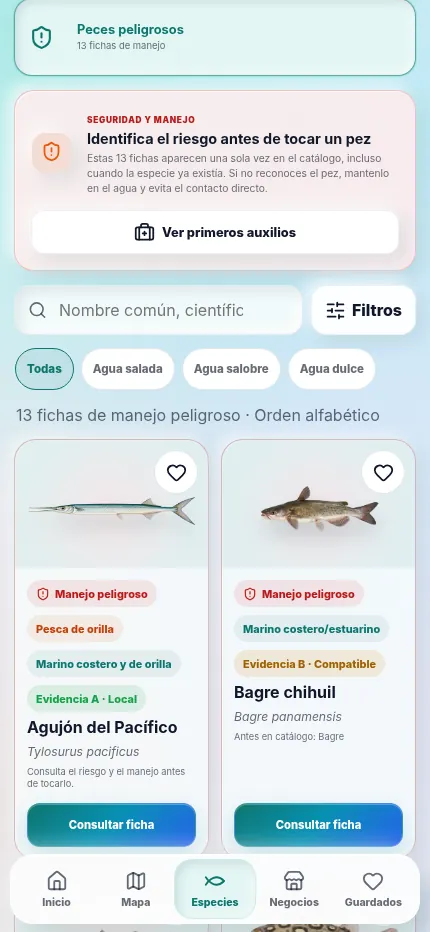 Pantalla de seguridad con las fichas de manejo de peces peligrosos y el acceso a primeros auxilios